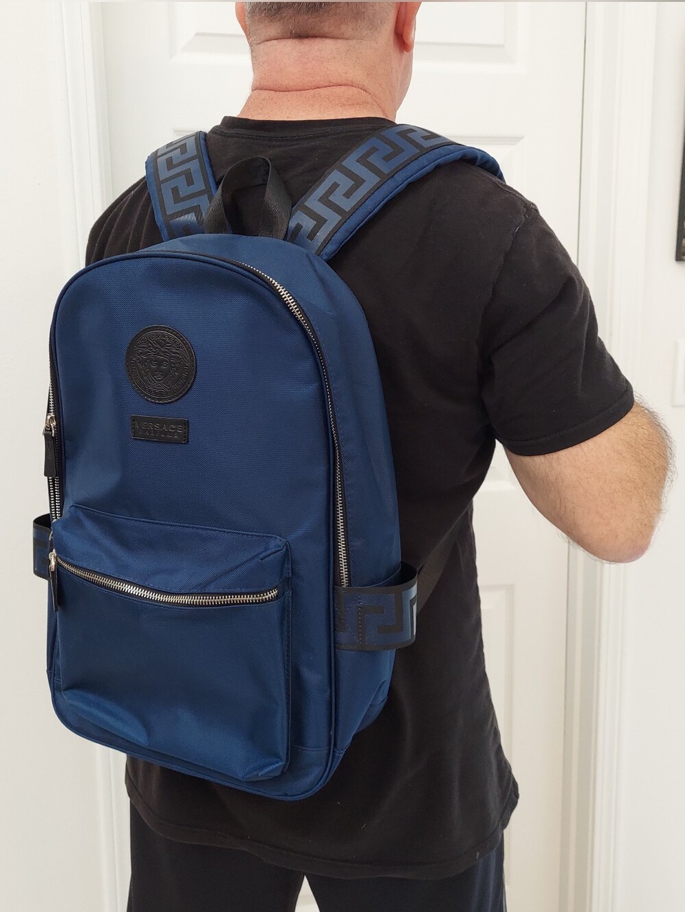 VERSACE Backpack, Blue Nylon, Exclusive Greek Key Shoulder Handles
